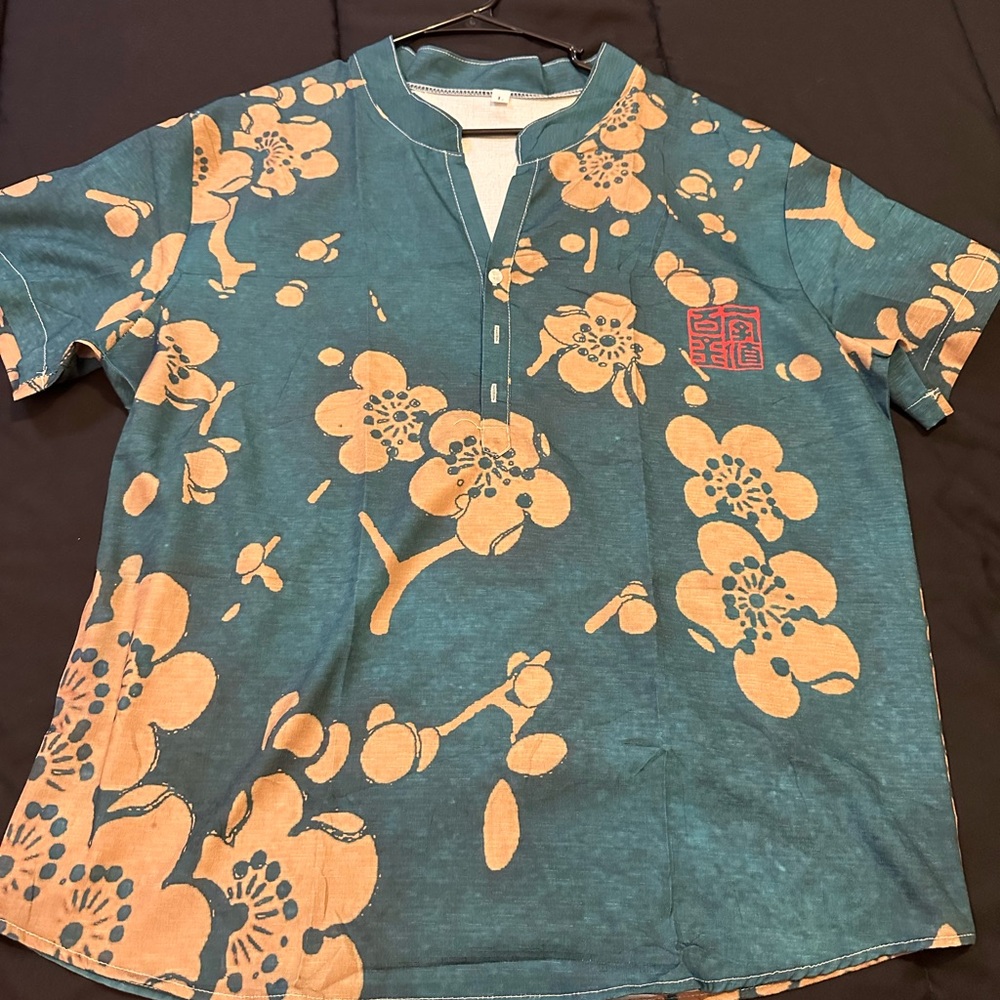 Floral Teal and Peach Short Sleeve Shirt